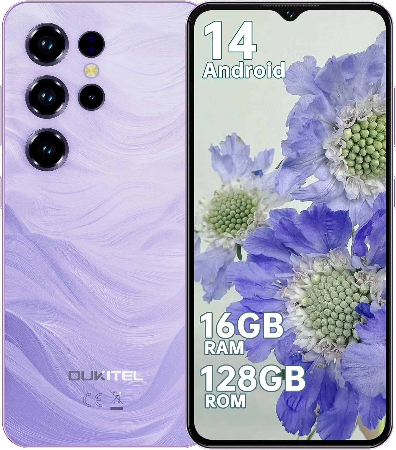 C2- Telephone Portable Android 14, 6.52" HD Smartphone Pas Cher 16(4+12)GO RAM+128GO ROM/TF 1TO,60HZ Telephone Portable Pas Cher 4G,13MP+5MP, 5000mAh, Prise Casque 3.5mm/Face ID/OTG/GPS,Violet C2-128 Violet