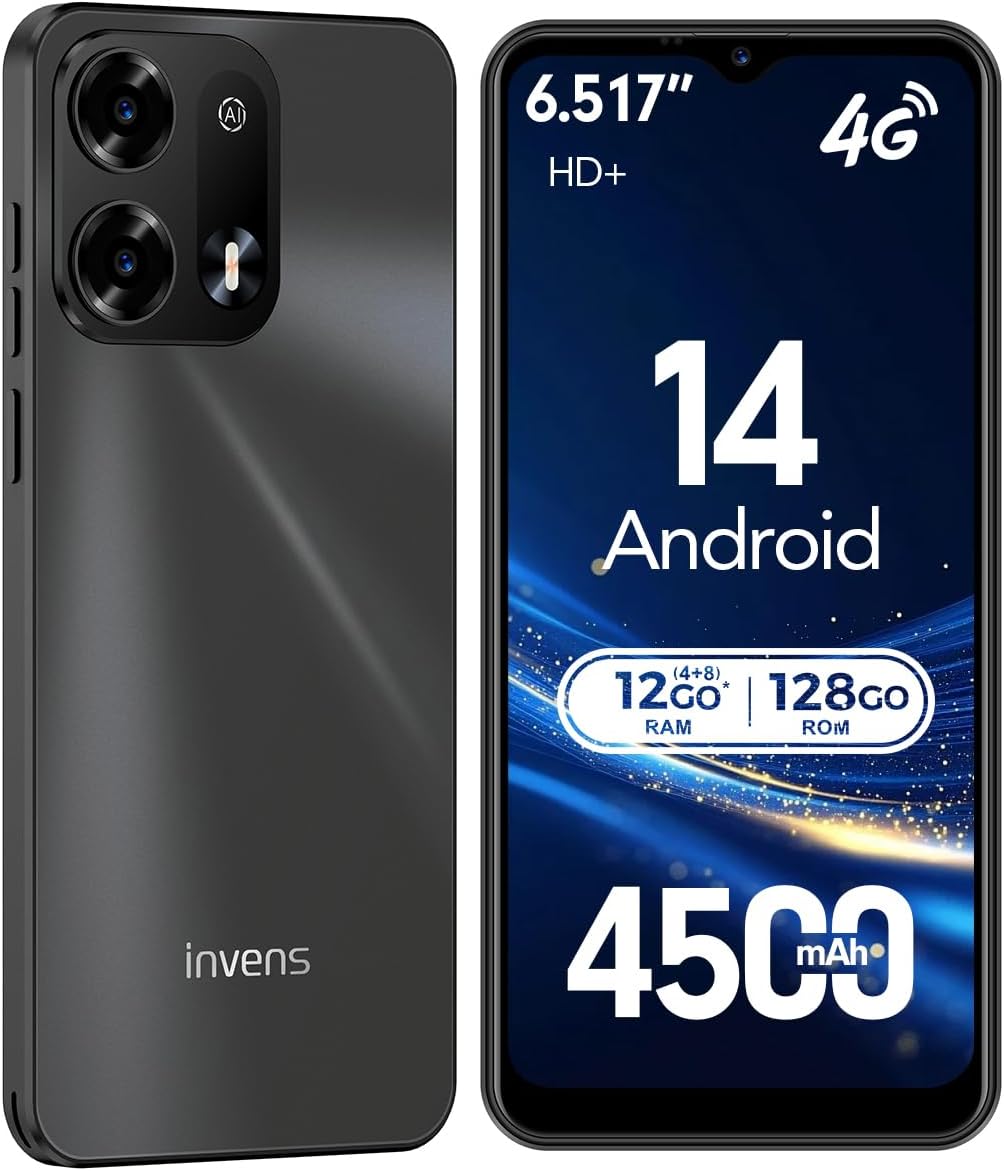 Invens Note TK02 Smartphone Pas Cher Android 14, Téléphone Portable 4G débloqué Double SIM, 12Go (4+8)+128 Go (Extensible à 256 Go Via TF), Octa-Core, Grand écran 6,52" HD+, Batterie 4500 mAh TK02 - Noir