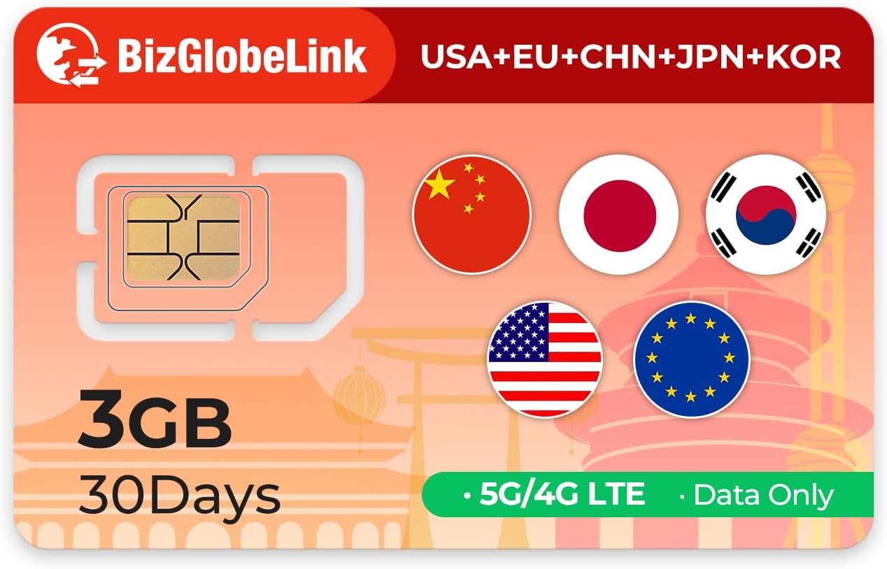 Global Travel Carte SIM 3 Go de données pour 30 jours, 33 pays européens, États-Unis, Chine, Corée, Japon, données rechargeables uniquement, pas d'appel ou de SMS, Plug and Play