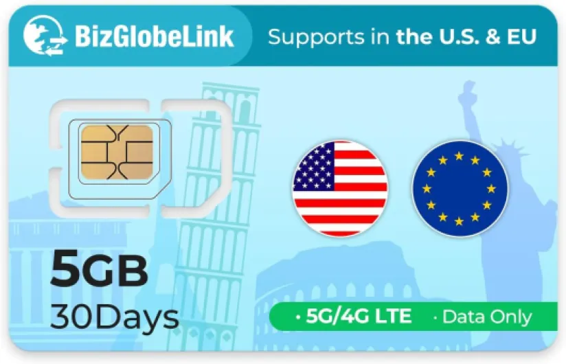 Carte SIM de Voyage Globale, 5 Go de données pour 30 Jours dans 33 Pays européens et aux États-Unis, 5G, Rechargeable, sans numéro de téléphone, Plug-and-Play