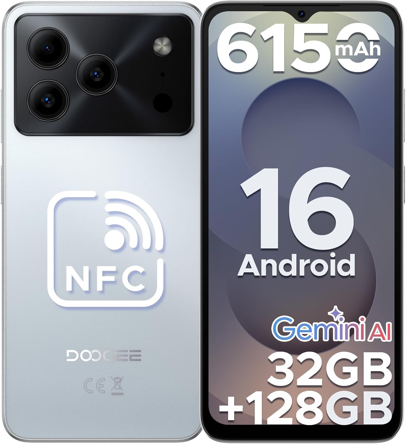 Note56 Pro Android 16 Smartphone Pas Cher, 6150mAh 32Go+128GoTelephone Portable 13MP+8MP Écran 6.56" HD+/90Hz, TF 2To Débloqué 4G Dual SIM, Octa Core, Face ID/OTG Android16 Blanc