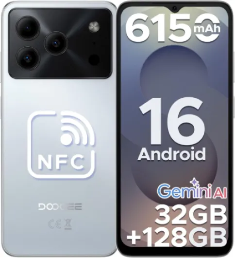 Note56 Pro Android 16 Smartphone Pas Cher, 6150mAh 32Go+128GoTelephone Portable 13MP+8MP Écran 6.56" HD+/90Hz, TF 2To Débloqué 4G Dual SIM, Octa Core, Face ID/OTG Android16 Blanc