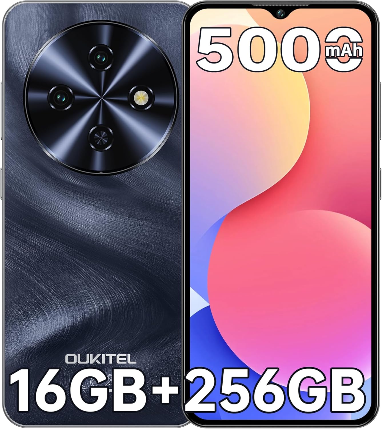 C5 Telephone Portable Pas Cher, 16 Go RAM + 256 Go ROM / 1 to TF, Smartphone Pas Cher 6.52" HD, Téléphone débloqué, Batterie de 5000 mAh, Double SIM, GPS, OTG, 13MP+5MP, Noir