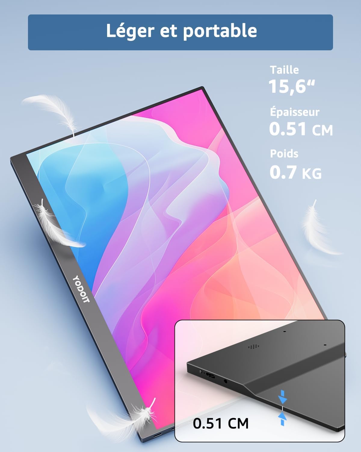 Écran Portable 15,6", 1920 × 1080 FHD Moniteur IPS 100% SRGB Display HDMI USB Type C avec Haut-parleurs Intégrés pour PC/MacBook/Xbox/PS4 5/TV