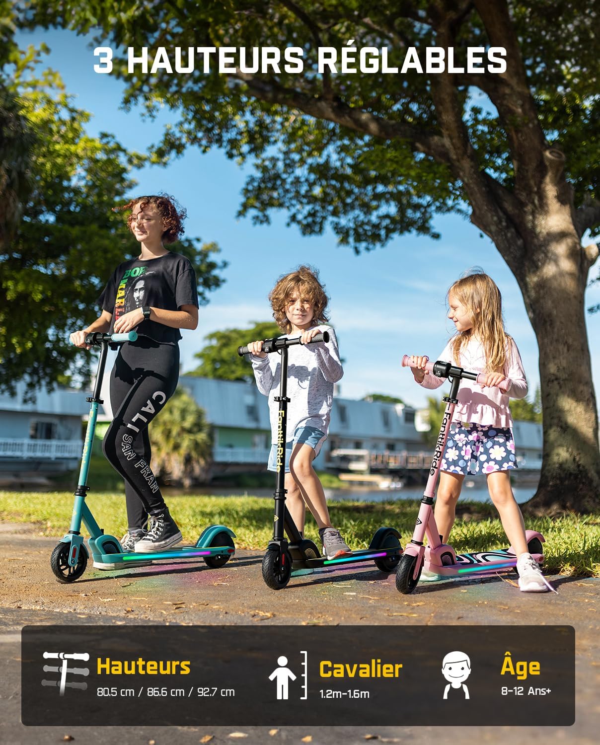 FanttikRide C9 Pro Trottinette Électrique Enfant 1,2-1,6 m, Lumières Arc-en-Ciel, Vitesses 8/13/16 km/h, Autonomie 8 km, Écran LED, Hauteur Réglable, Pliable, Charge maximale 60 kg Noir