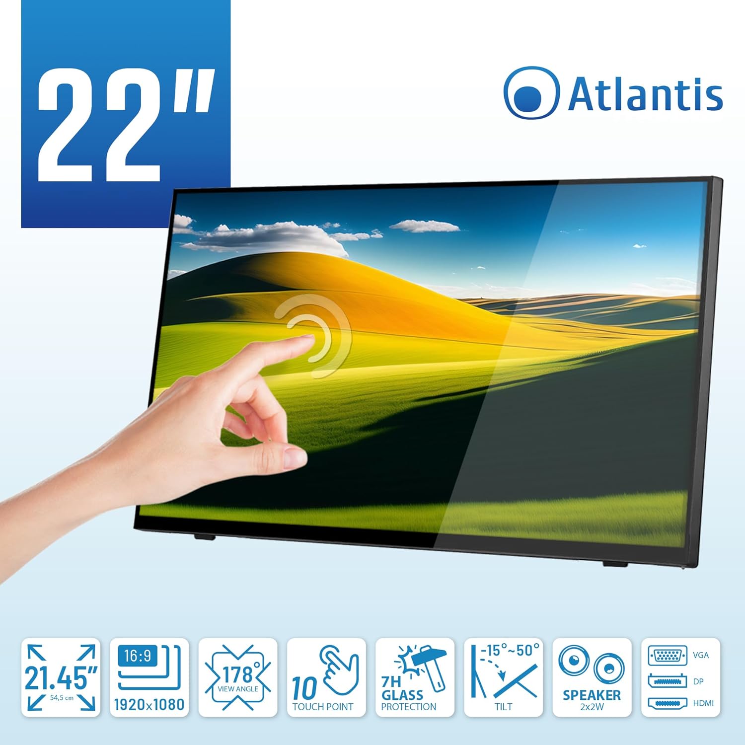 A05-T22A-VHDM Moniteur tactile 22 pouces, écran 10 touches, Full HD 1920x1080, HDMI VGA DP, inclinable 15°-50°, verre de protection 7H, contraste 1000:1, angle 178/178, Vesa 100