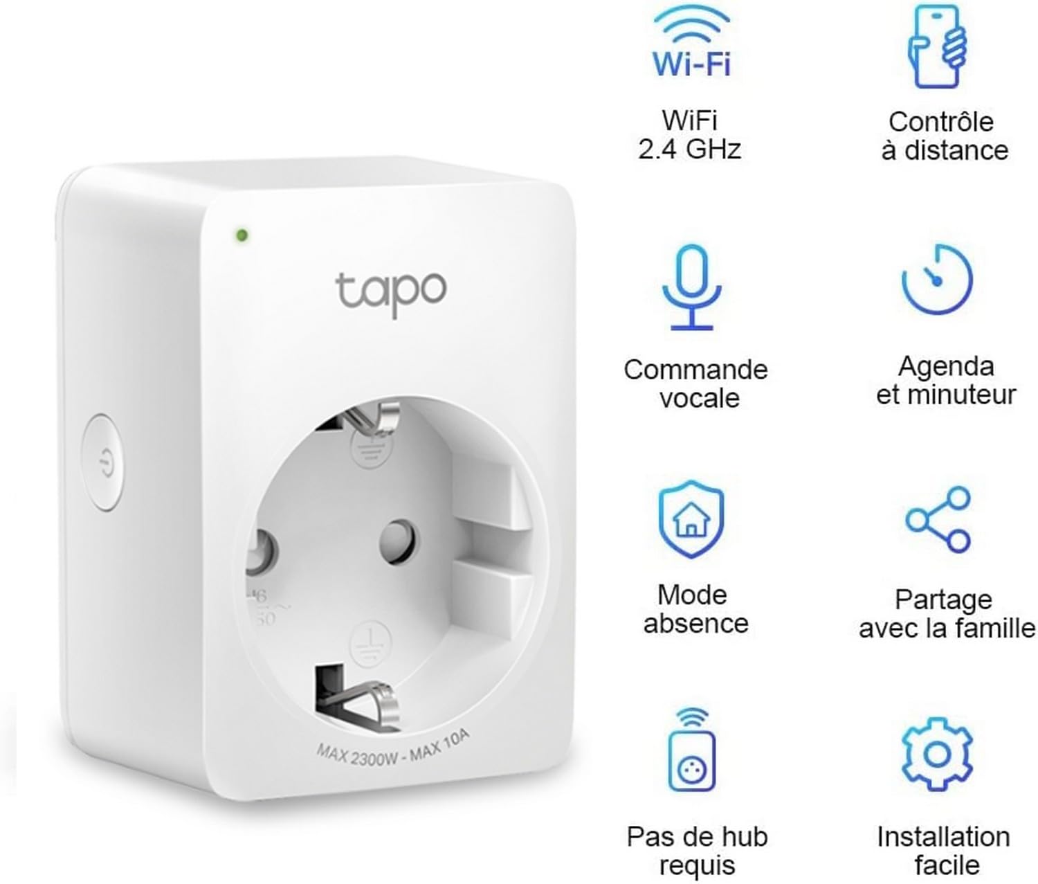 Prise Connectée WiFi, Prise Intelligente compatible avec Alexa et Google Home, 10A Type F, Contrôler le radiateur, la cafetière, la lampe à distance, aucun hub requis, Tapo P100(4-pack) 4 pack - Type F(UE)