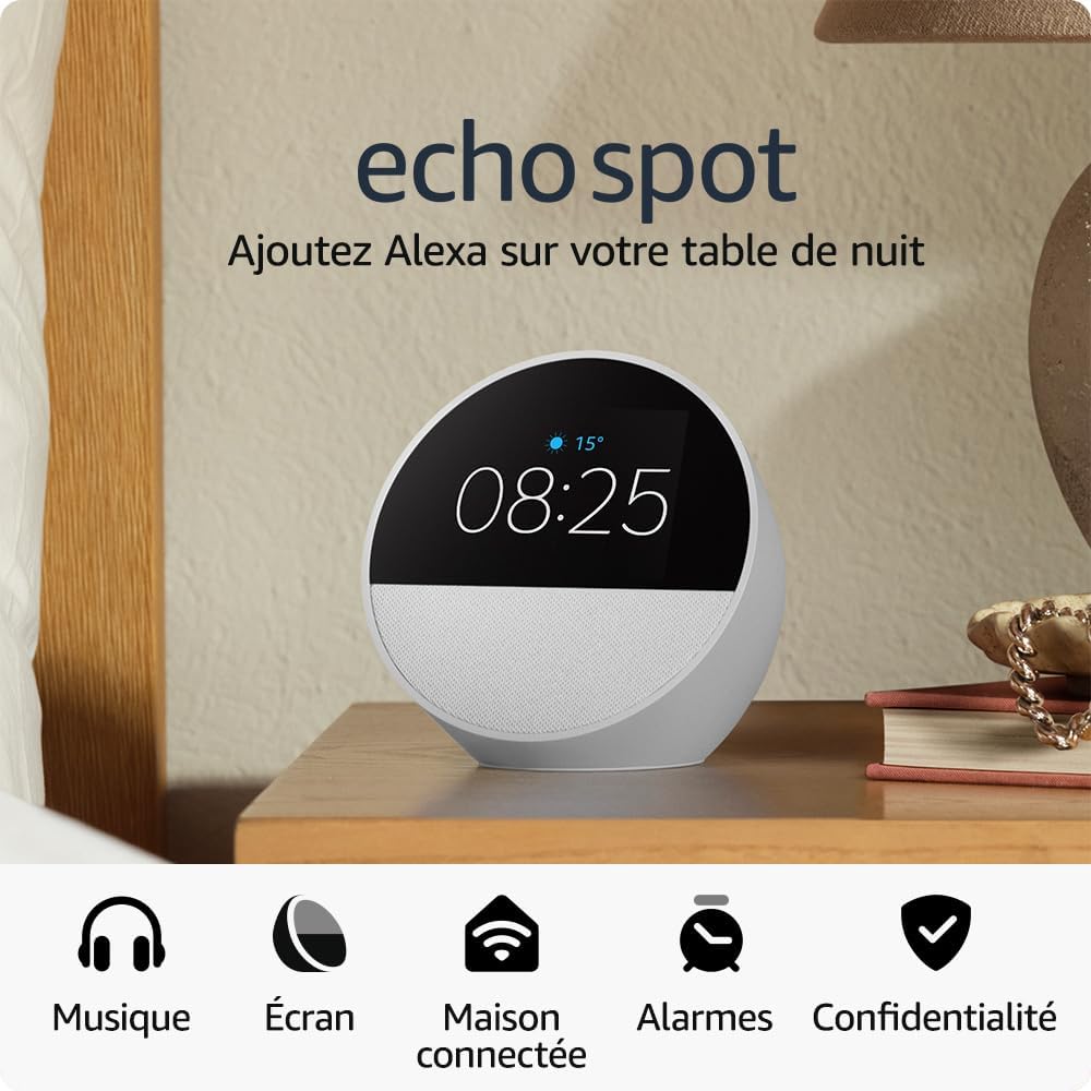 Amazon Echo Spot (Nouvelle génération) - Réveil connecté avec un son de qualité et Alexa - Blanc Blanc Appareil seulement