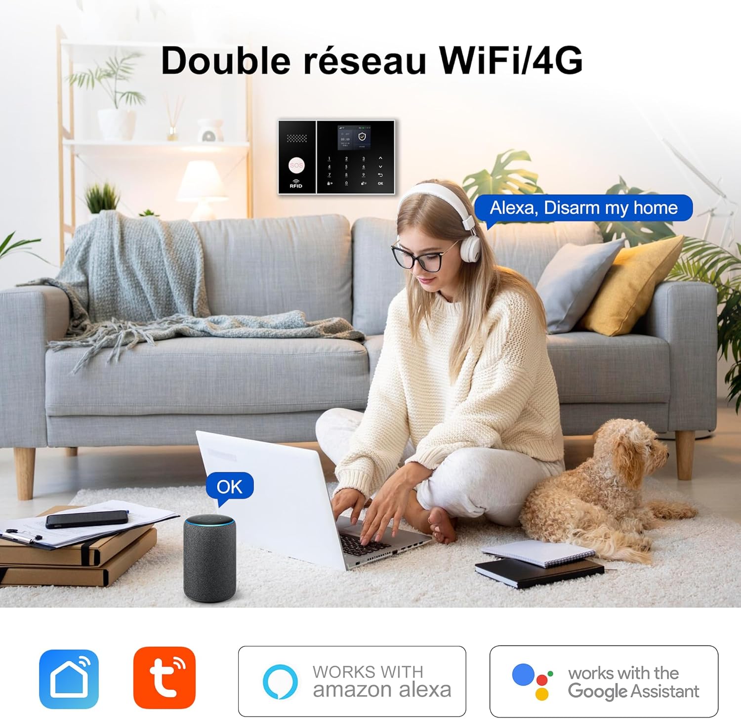 Système d’Alarme sans Fil 4G/WiFi,Alarme Sécurité Intelligente avec Capteurs Porte/Fenêtre,Compatible Alexa/Google Home,21 Alarme avec Sirène,8 Capteurs de Fenêtre et de Porte, 3 Télécommande A108f-21pcs Kits
