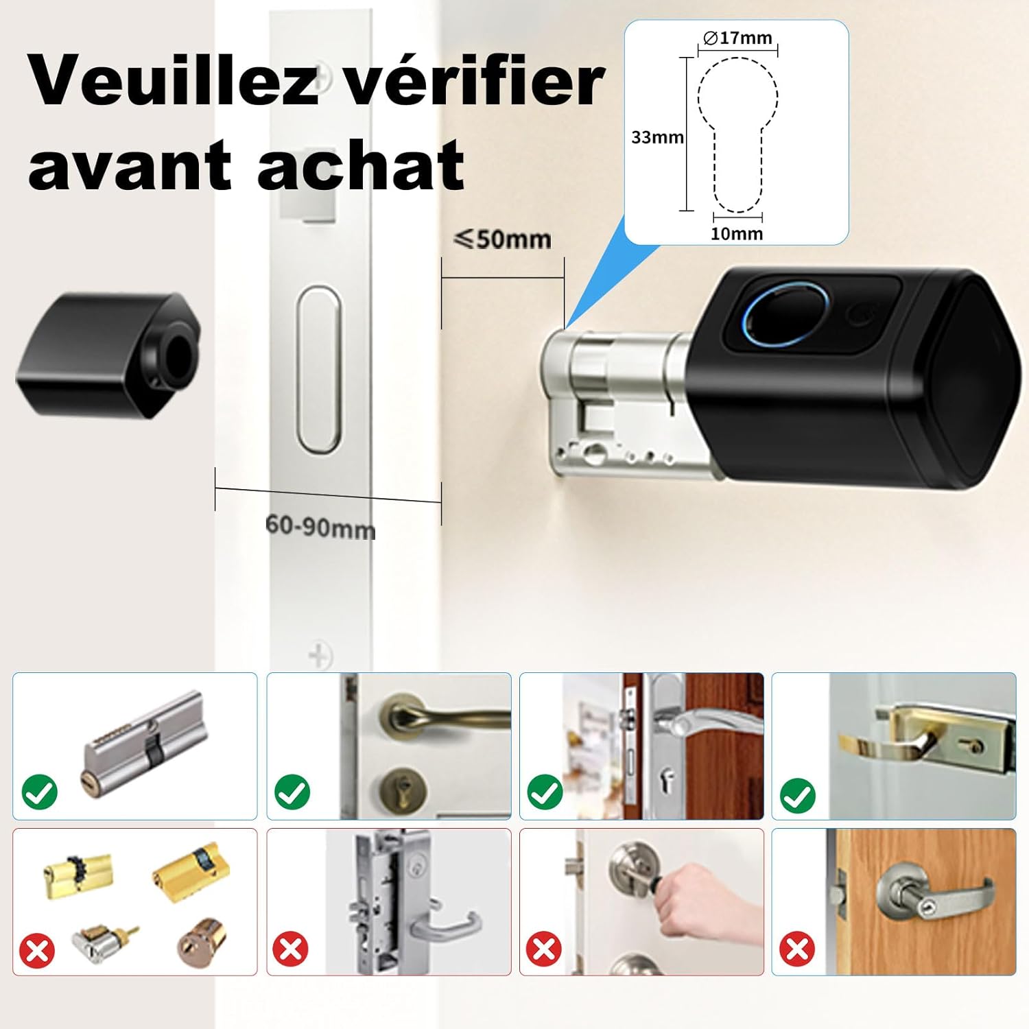 Serrure connectée, serrure électronique à empreinte digitale, longueur réglable Smart Lock, serrure électronique avec carte RFID, application, WiFi, Bluetooth, 60–90mm, accessoires de rallonge,noir