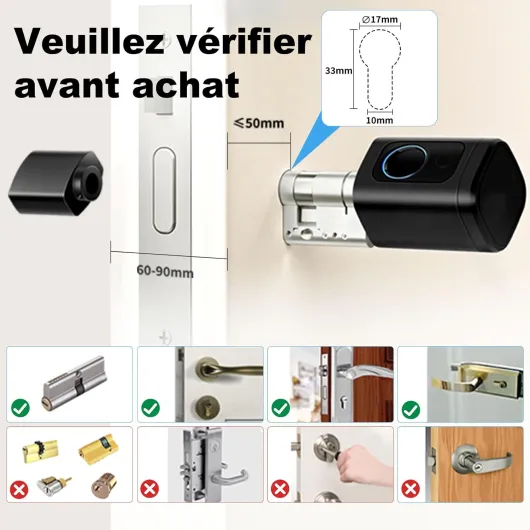 Serrure connectée, serrure électronique à empreinte digitale, longueur réglable Smart Lock, serrure électronique avec carte RFID, application, WiFi, Bluetooth, 60–90mm, accessoires de rallonge,noir