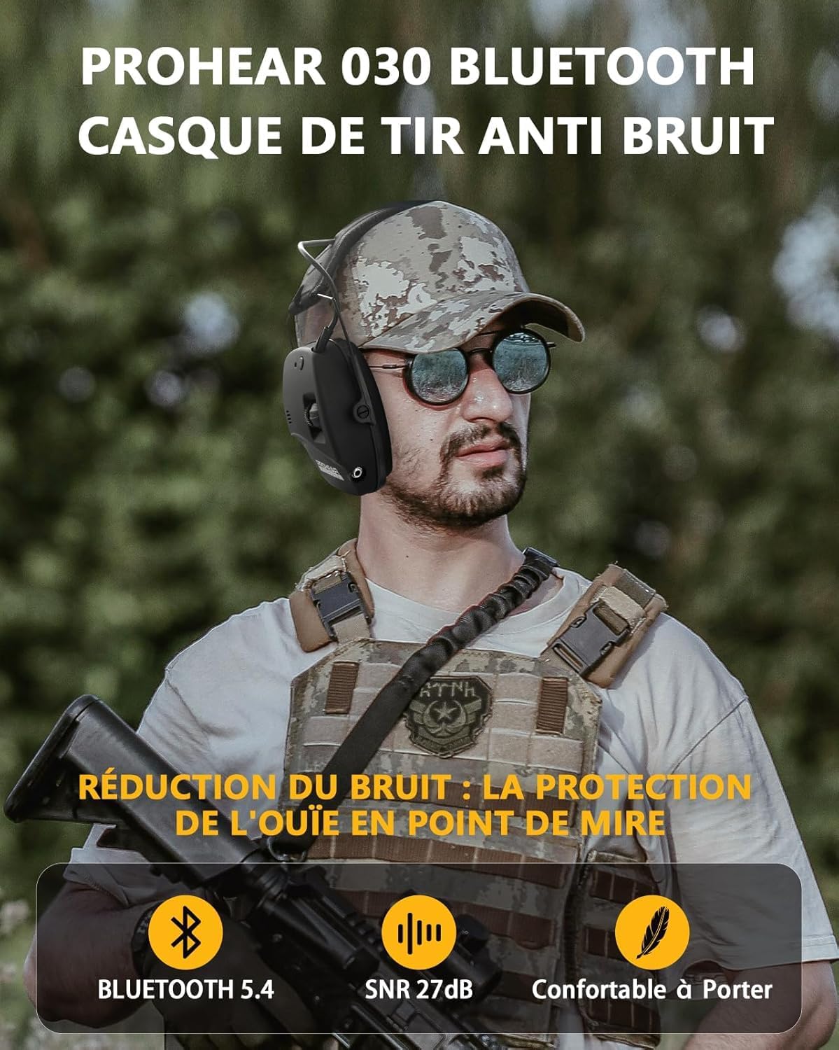 030 Protection auditive électronique avec Bluetooth 5.4, protection auditive, protection auditive, avec boîte de rangement, réduction du bruit, amplification du son pour la chasse, NRR22dB SNR Noir With Case