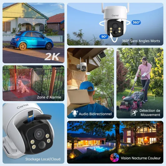 Caytail 3MP Caméra Surveillance WiFi Extérieur sans Fil, 2K Caméra Extérieur sans Fil Solaire, 2.4Ghz WiFi, 360°PTZ, PIR Détection de Mouvement, Vision Nocturne, Audio Bidirectionnel, 2 Pièces 2 PCS