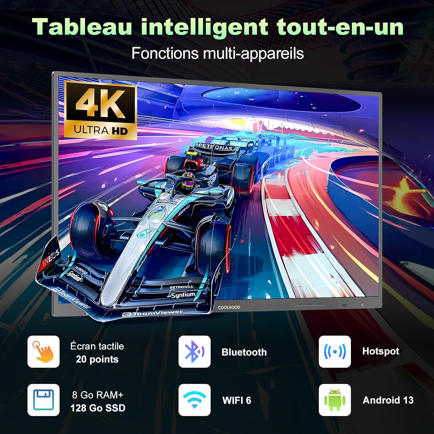 Tableau Blanc Interactif 65" 4K UHD, Smart Board, Écran Tactile Intelligent Tout-en-Un avec Android 13 et 128 Go, pour Bureau, École, Maison et Entreprise(Tableau & Support Mural Uniquement)