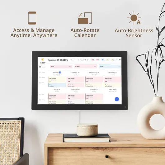 Calendrier Numérique, écran Tactile Interactif 15,6 Pouces, Support Mural Contrôle par Application, Planificateur Familial avec Tableau Interactif des Tâches, Planification (Prise UE)
