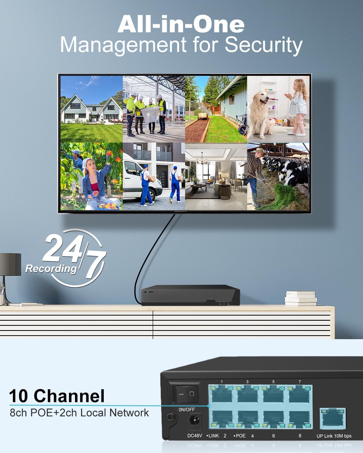 NVR PoE 4K, Système d'enregistrement vidéo réseau pour caméra de sécurité 10 canaux, Prend en Charge Les caméras IP PoE HD 8MP/5MP/4MP/1080P, Enregistrement de Surveillance 24h/7 (Non HDD)