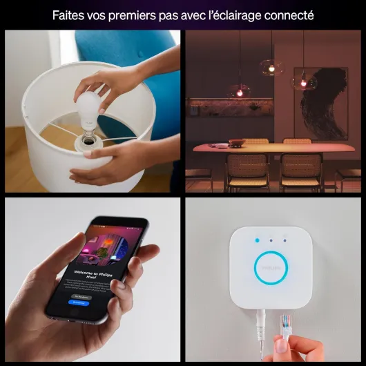 Essential Kit de démarrage: Bridge + 4 ampoules connectées E27 Essential, White and Color Ambiance, 2200-6500 K, Ampoule connectée compatible Alexa, Google Assistant, Apple Home