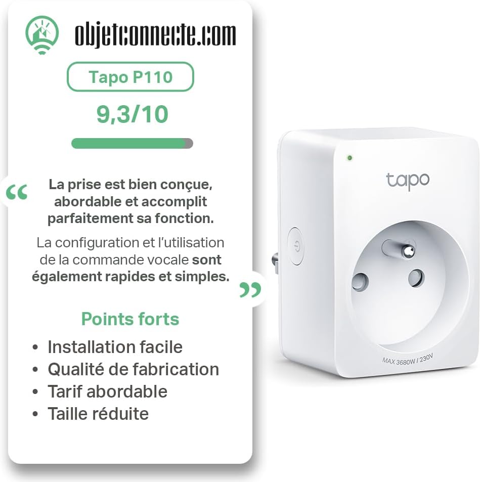 Prise Connectée WiFi, Suivi de consommation, 16A Type E, Compatible avec Alexa, Google Home et SmartThings, Contrôler Le radiateur, Le Chauffage, Économie d'énergie, P110(FR) Type E(FR) - 1 pack