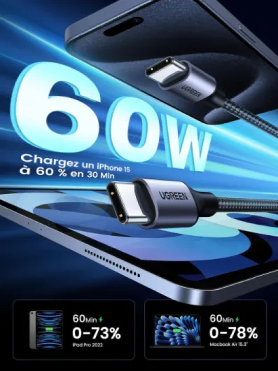 Câble USB C vers USB C PD Charge Rapide 60W Nylon Tressé Compatible avec iPhone 17 Pro Max Air 16 Galaxy S25 Plus Ultra S23 A05S A35 A55 Redmi 14C A3 Note 13 12 iPad Pro Air MacBook (3M) 3 Mètres