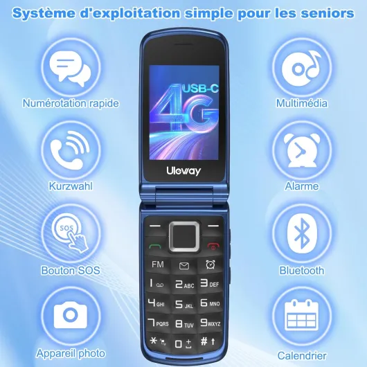 4G Telephone Portable Senior Débloqué, Téléphone Portable à Clapet avec Grandes Touches, Téléphone Portable Personnes âgées, Double SIM,Double Écran 2,4 "+1,77 ", Bouton SOS,Station de Charge (Bleu) Bleu 4G