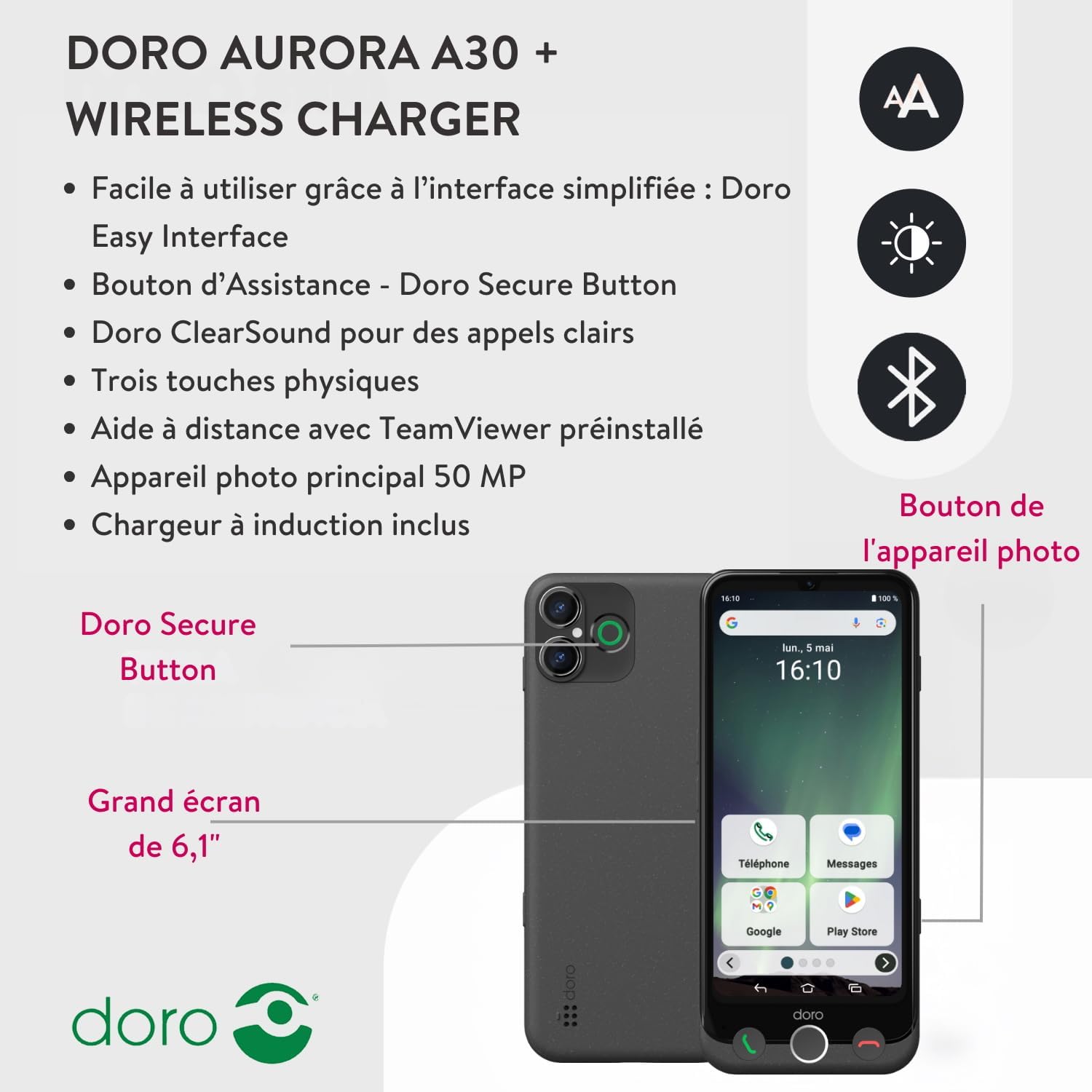 Pack Smartphone Aurora A30 - Socle de Charge Inclus - Téléphone Portable Senior - Facile à Utiliser - Touche d'Assistance avec Localisation GPS - Compatible Appareils Auditifs - Graphite Graphite + Socle