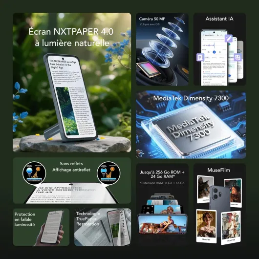 Smartphone Android NXTPAPER 70 Pro 5G, doté de l'écran NXTPAPER 4.0 de 6,9" FHD+ 120 Hz, Appareil Photo Principal 50 MP OIS, 256 Go + 8 Go, IA, Dimensity 7300, Bleu Astral - Stellar Blue 8.0 Go