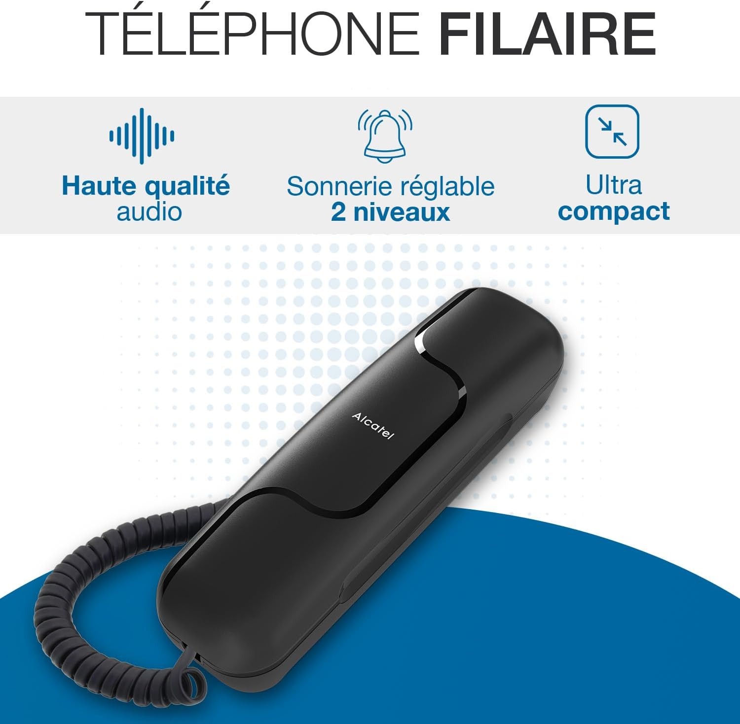T06 - Téléphone Fixe Filaire - Design Ultra Compact - Fixation Murale - Touche Rappel - Noir Unique