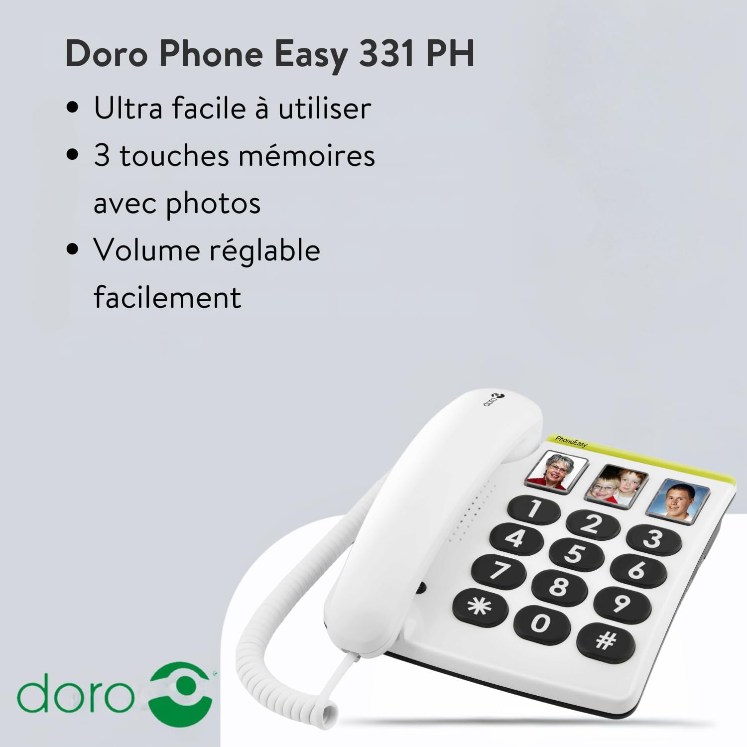 PhoneEasy 331ph Téléphone Fixe pour Seniors avec GrandesTouches, Numérotation Abrégée et Compatible avec Appareils Auditifs [Version Française] blanc