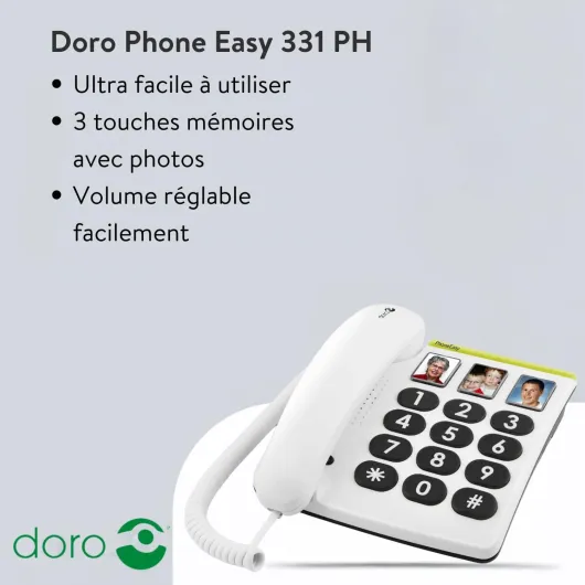 PhoneEasy 331ph Téléphone Fixe pour Seniors avec GrandesTouches, Numérotation Abrégée et Compatible avec Appareils Auditifs [Version Française] blanc