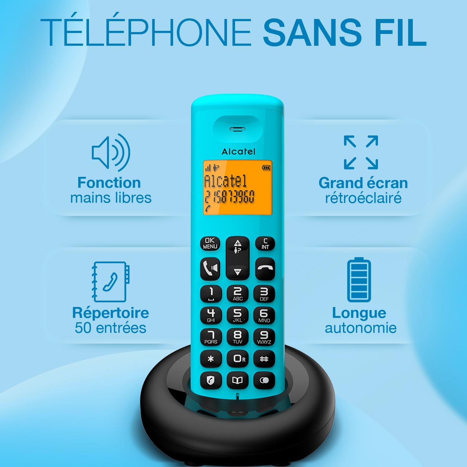 E260 - Téléphone Fixe sans Fil DECT - Design Compact - Grand Écran Rétroéclairé - Mains Libres - Fonction Blocage des Appels Indésirables - Bleu