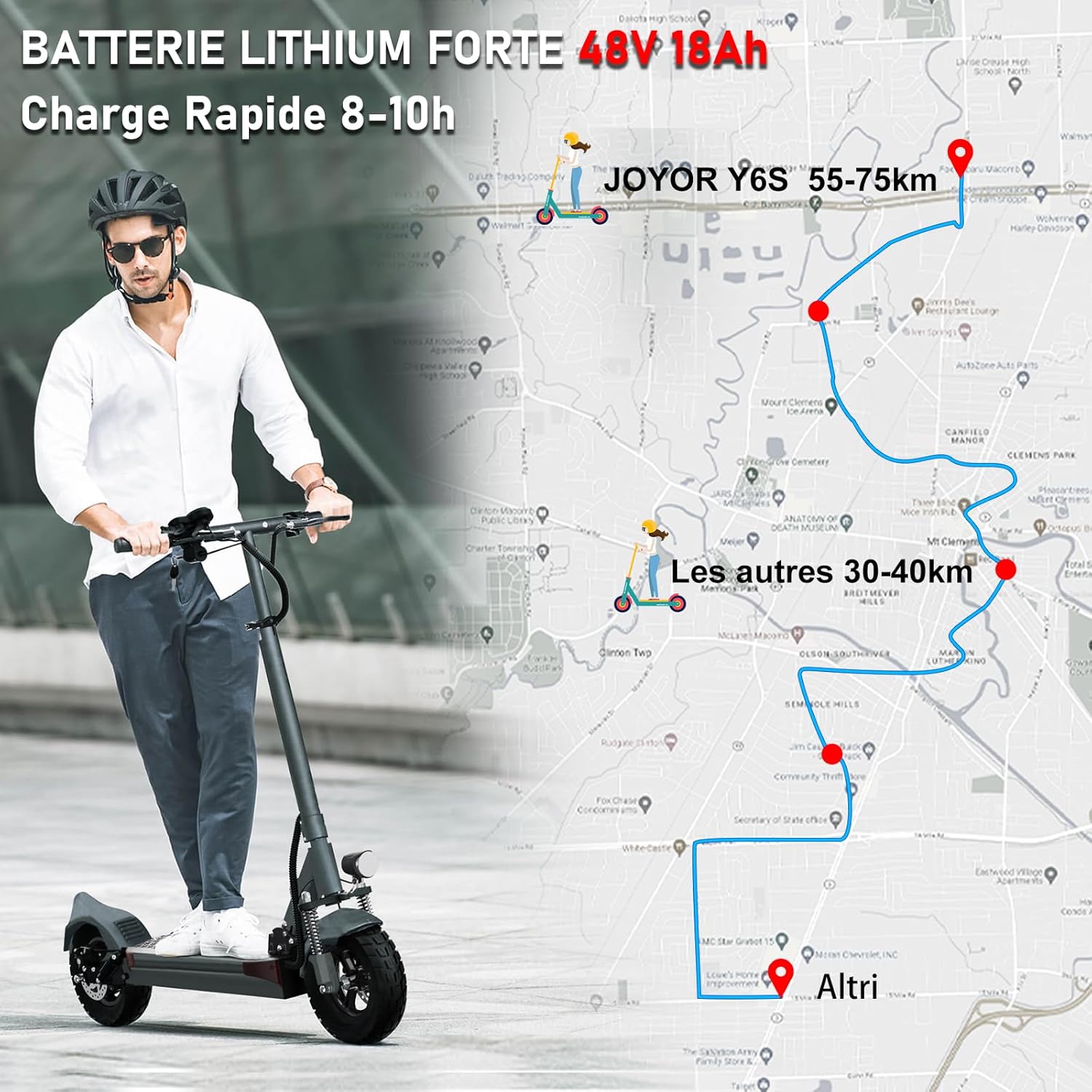 Trottinette Electrique Adulte,S/Y Serie Autonomie 55-75KM Batterie 48V 13/18Ah Moteur 500W/600W Trotinette Electrique Puissante Tout Terrain Ultra Legere Double Suspension Y6S(55-75KM)
