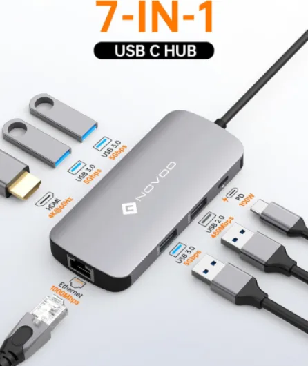 Mulitport Adaptateur USB C vers Ethernet, 7 en 1 Hub USB C vers HDMI 4K, 100W PD Port de Recharge, USB x 4, USBC Hub pour MacBook Pro MacBook Air Chromebook 7 in 1 - Pro Gray