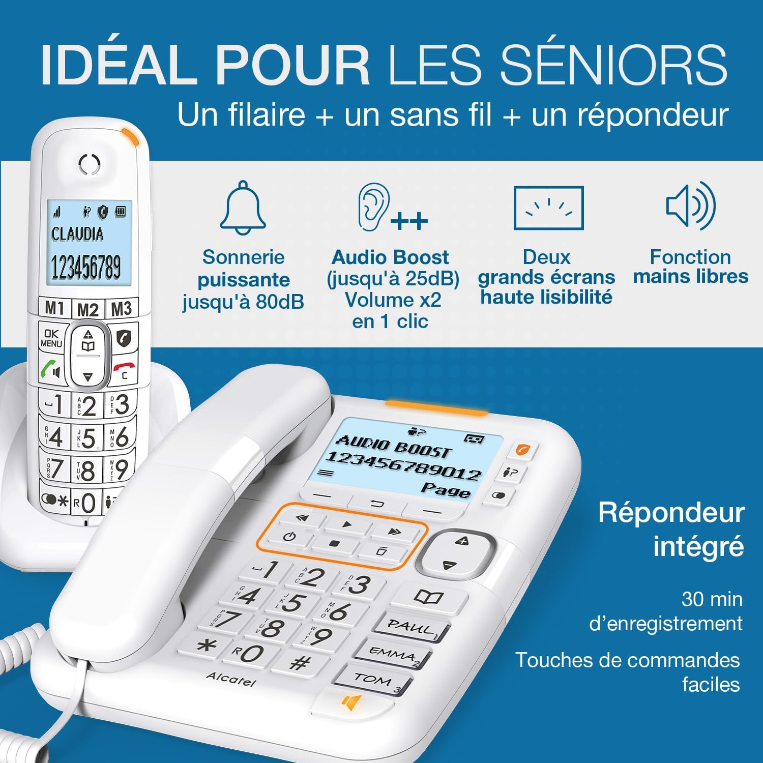 XL785 Combo - DECT - Téléphone Fixe Filaire + Combiné sans Fil - Larges Touches - Répondeur - Audio-Boost - Sonneries Fortes - Compatible Aides Auditives - Blocage des Appels- Blanc