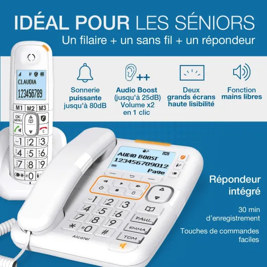 XL785 Combo - DECT - Téléphone Fixe Filaire + Combiné sans Fil - Larges Touches - Répondeur - Audio-Boost - Sonneries Fortes - Compatible Aides Auditives - Blocage des Appels- Blanc