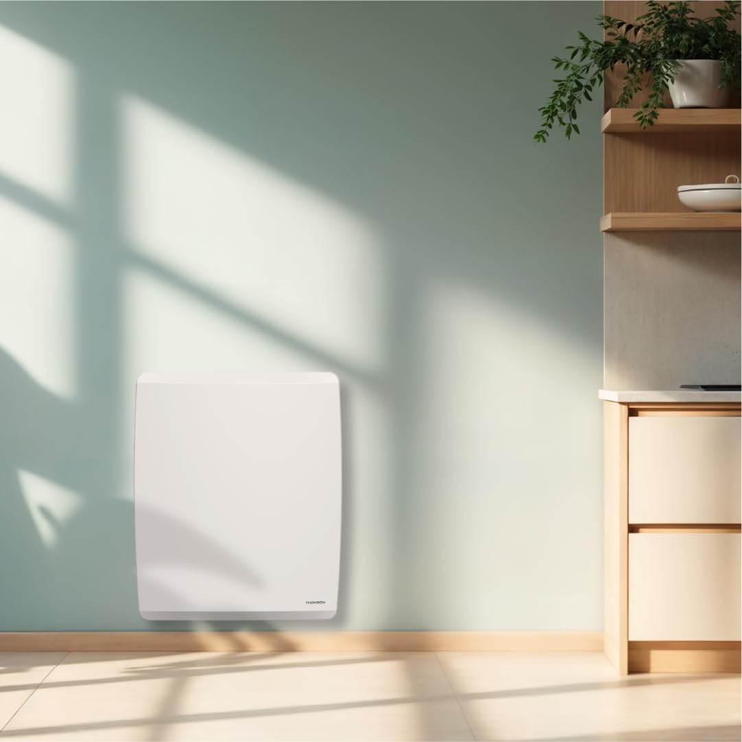 Radiateur électrique fixe connecté WiFi à inertie sèche céramique + film avec thermostat interchangeable 1000W THOMSON MOLY horizontal blanc