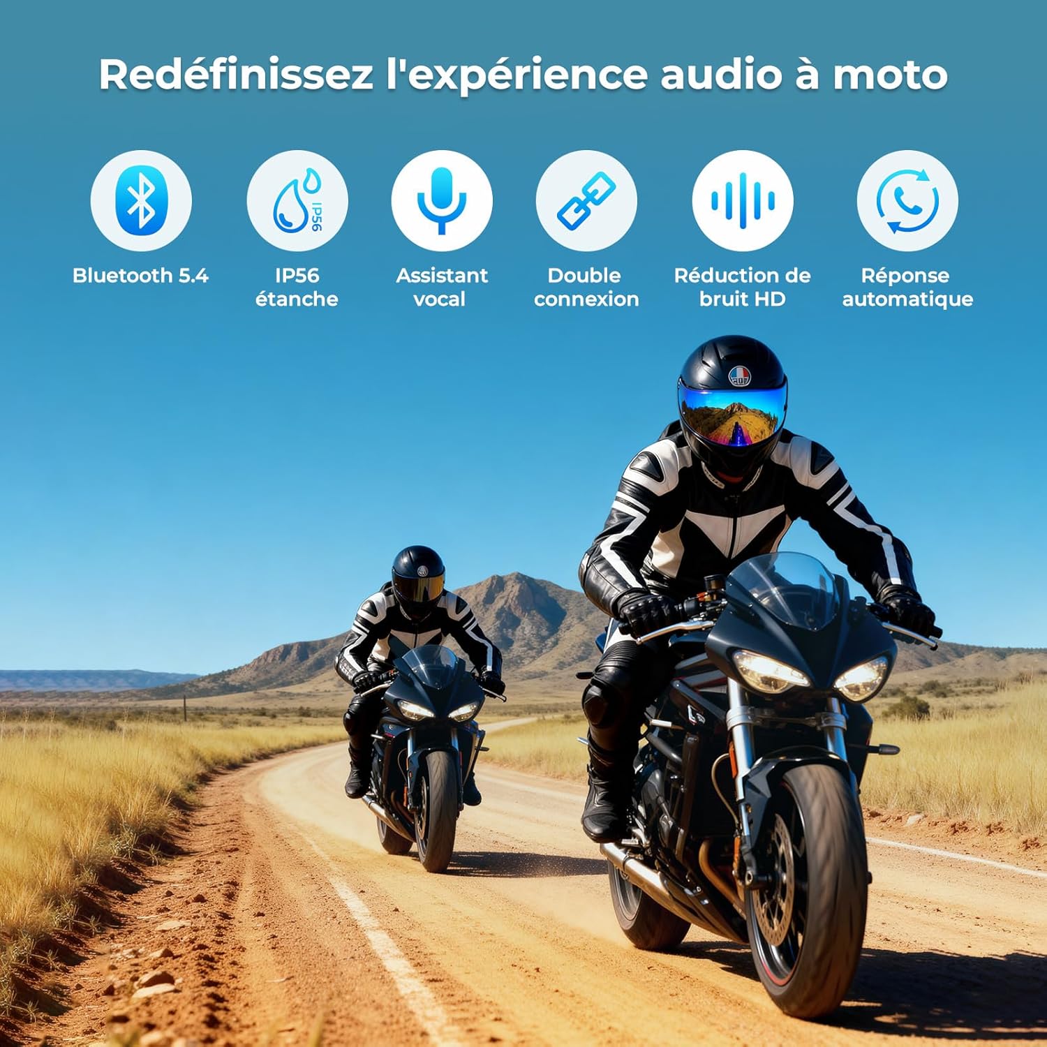 Intercom Moto Duo Main Libre Oreillette Bluetooth Casque Suppression Bruit CVC Système d'Interphone Wireless 5.1 avec Radio IP65 Étanche Intercom-Moto-Interphone-Casque-Headset-2 Pack Noir DEUX PCS