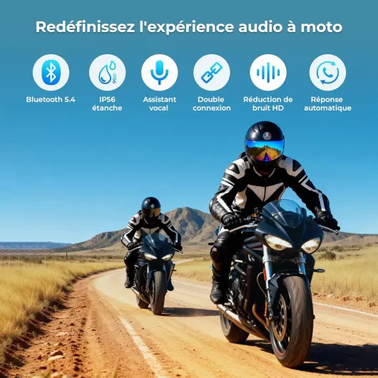 Intercom Moto Duo Main Libre Oreillette Bluetooth Casque Suppression Bruit CVC Système d'Interphone Wireless 5.1 avec Radio IP65 Étanche Intercom-Moto-Interphone-Casque-Headset-2 Pack Noir DEUX PCS