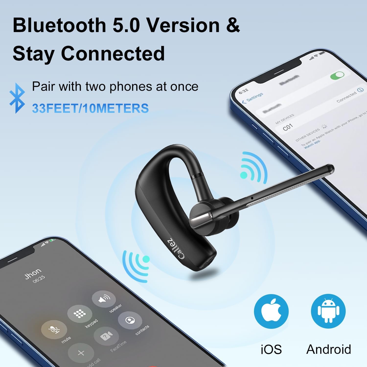 Oreillette Bluetooth sans Fil pour iPhone Samsung Téléphone Portable, Casques Bluetooth Mono Écouteur V5.0 Main Libre avec Double Micro CVC8.0 ENC Antibruit pour Conduite Affaires Bureau