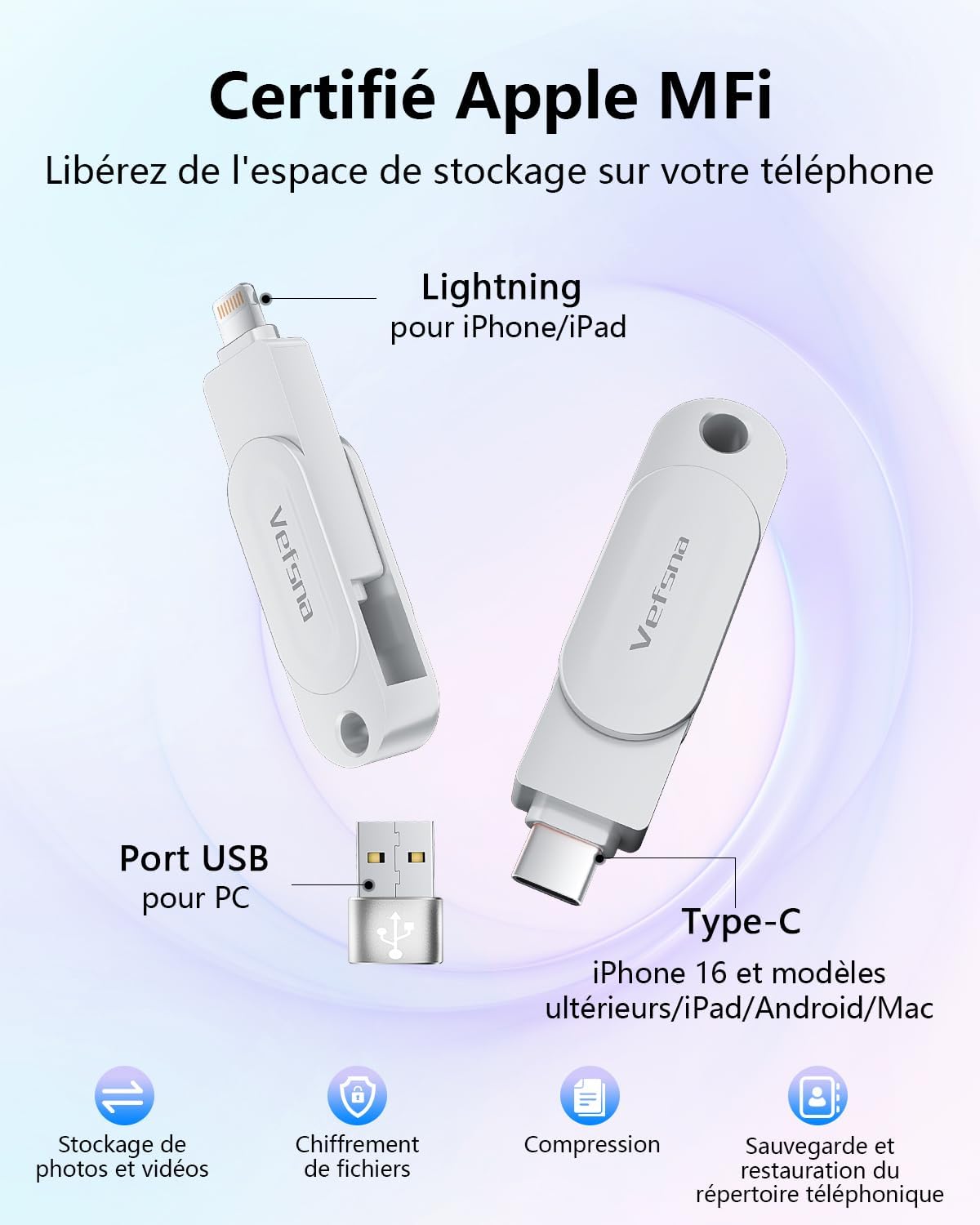【sans APP】 Certifiée MFi Clé USB 512 Go, Cle USB iPhone Stockage Externe, Clé USB C 3 en 1 Clef USB 3.0 Stockage Transfert Photos Est Idéale pour Voyageurs, Memoire pour iPhone/iPad/Android/PC Argent 512GB argent