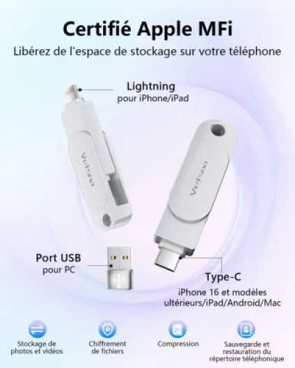 【sans APP】 Certifiée MFi Clé USB 512 Go, Cle USB iPhone Stockage Externe, Clé USB C 3 en 1 Clef USB 3.0 Stockage Transfert Photos Est Idéale pour Voyageurs, Memoire pour iPhone/iPad/Android/PC Argent 512GB argent