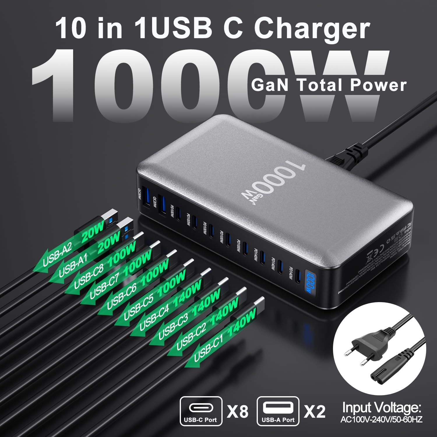 1000W Chargeur Multiple USB C Rapide, Station De Charge 10 Ports GaN USBC, Chargeur Laptop 140W Et 100W Pour MacBook Pro/Air, Lenovo,HP, Hub de Charge Bureau Multiprise USB Pour iPhone, Samsung, Pixel 1000W Noir