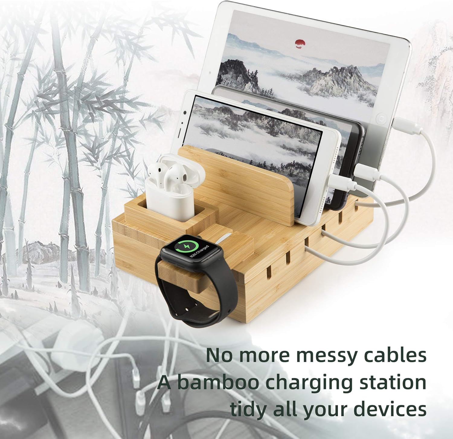 Station de Charge Bambou Chargeur Multiple USB Bamboo YOJA 5 Ports USB Station Recharge en Bois pour Smartphone Tablette Écouteurs Watch Pods Chargeur avec 5 câbles Courts