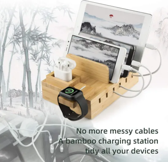 Station de Charge Bambou Chargeur Multiple USB Bamboo YOJA 5 Ports USB Station Recharge en Bois pour Smartphone Tablette Écouteurs Watch Pods Chargeur avec 5 câbles Courts