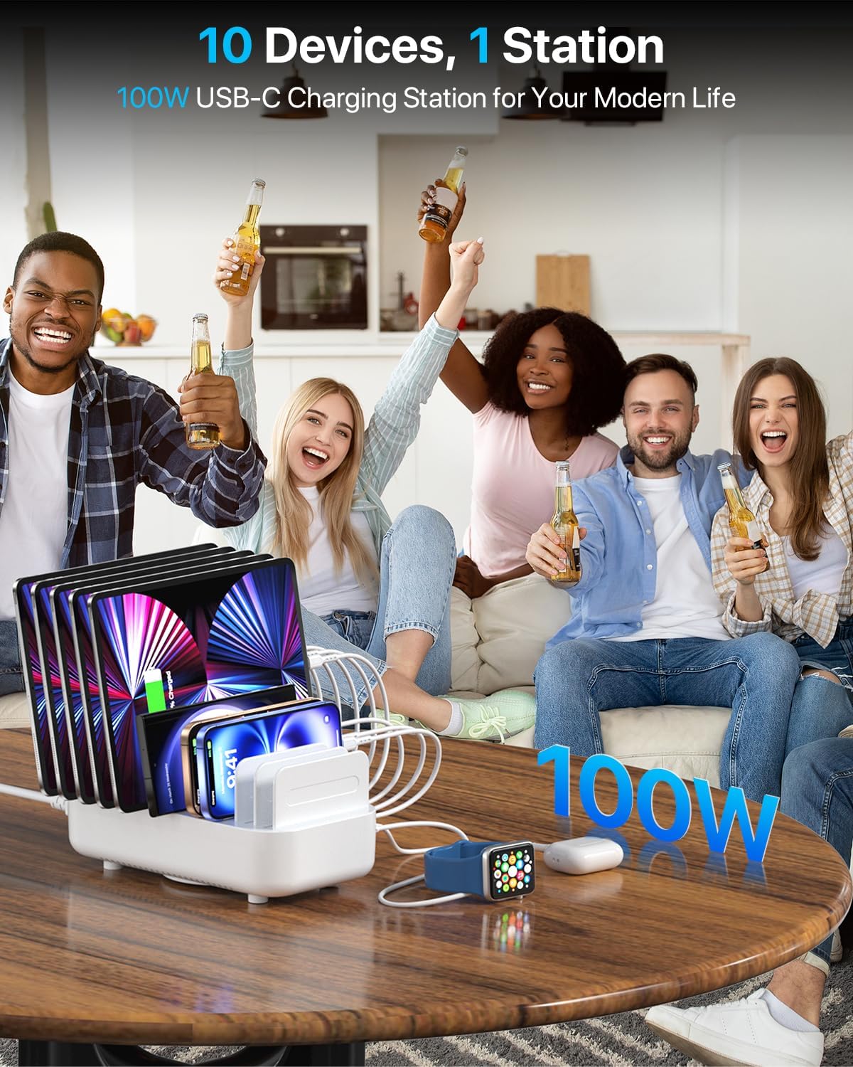 Station de Charge SooPii 100 W à 10 Ports USB,10 Ports USB-C Charge Rapide PD,Compatible avec téléphones,tablettes,Galaxy et Autres appareils électroniques,10 câbles de Charge Mixtes Inclus(Blanc)