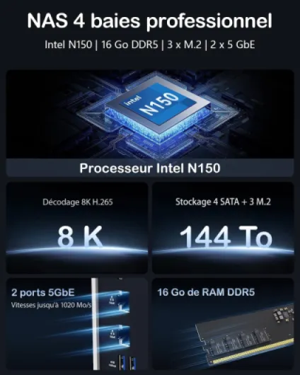 F4-425 Plus NAS - Stockage 4Baies, Intel N150 Quad-Core, 16GB DDR5, 2X 5GbE LAN, 3X Slots M.2, Serveur Multimédia et Collaboratif (sans Disque) 4Bay, F4-425 Plus