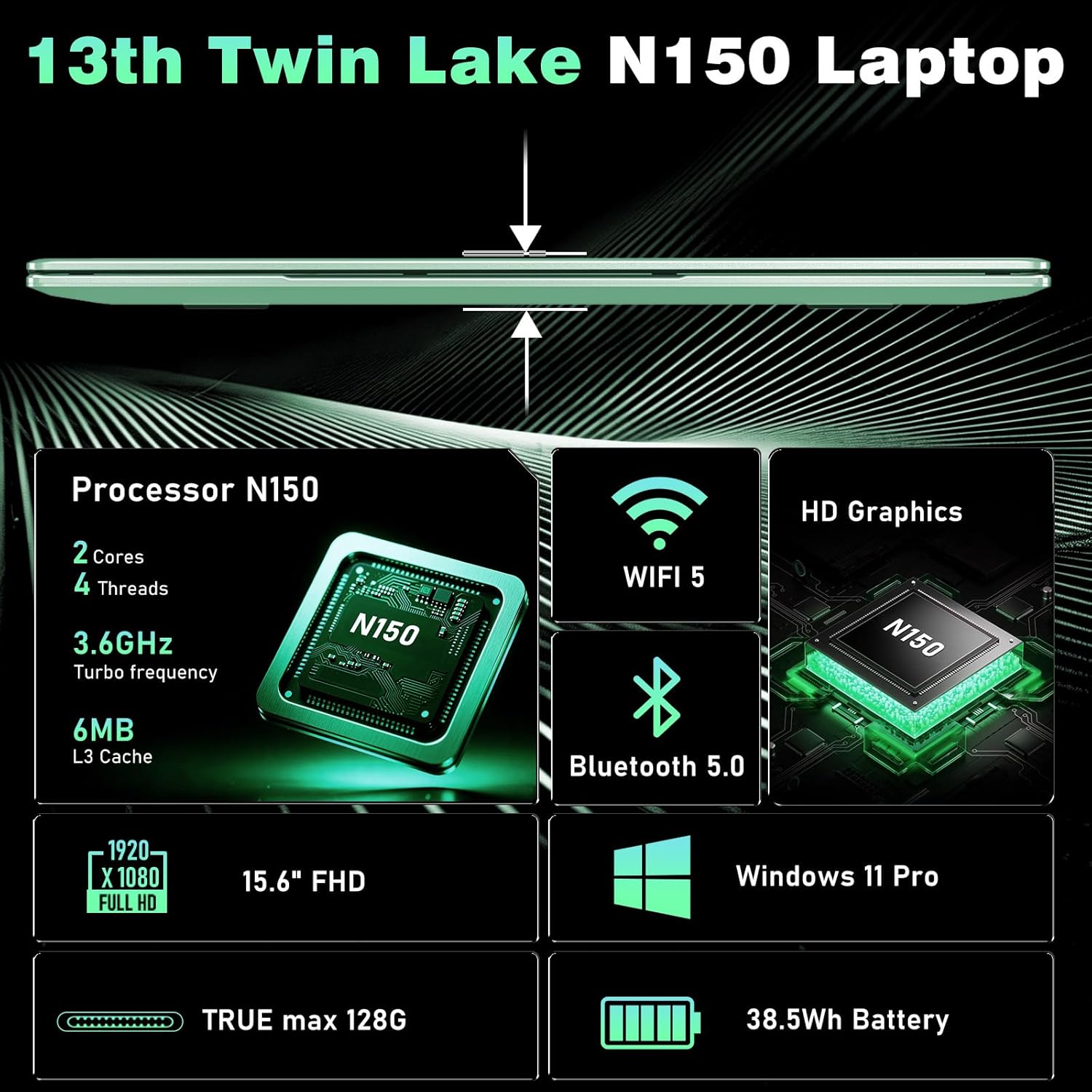 15,6 Pouces Ordinateur Portable 2026, Processeur N150 (1,2 à 3,6 GHz), 16GB RAM 512GB SSD Laptop Pc Portable, Full HD 1920x1080P, Clavier Rétroéclairé, Batterie 6000mAh, Webcam 16GB RAM 512GB SSD Vert
