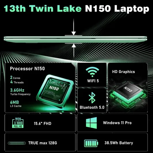 15,6 Pouces Ordinateur Portable 2026, Processeur N150 (1,2 à 3,6 GHz), 16GB RAM 512GB SSD Laptop Pc Portable, Full HD 1920x1080P, Clavier Rétroéclairé, Batterie 6000mAh, Webcam 16GB RAM 512GB SSD Vert