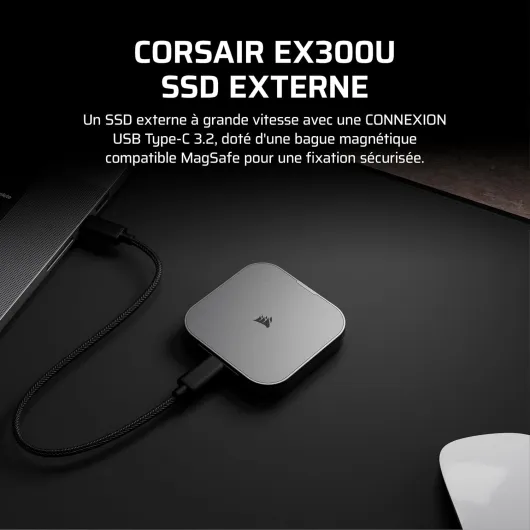 EX300U 1To SSD Externe Portable USB-C – Jusqu'à 1 100 Mo/s, USB 3.2 Gen 2, Plug-and-Play, Fixation magnétique Compatible MagSafe, 90 Degrés Câble USB-C Inclus – iOS, Android, PC et Mac — Gris 1 To