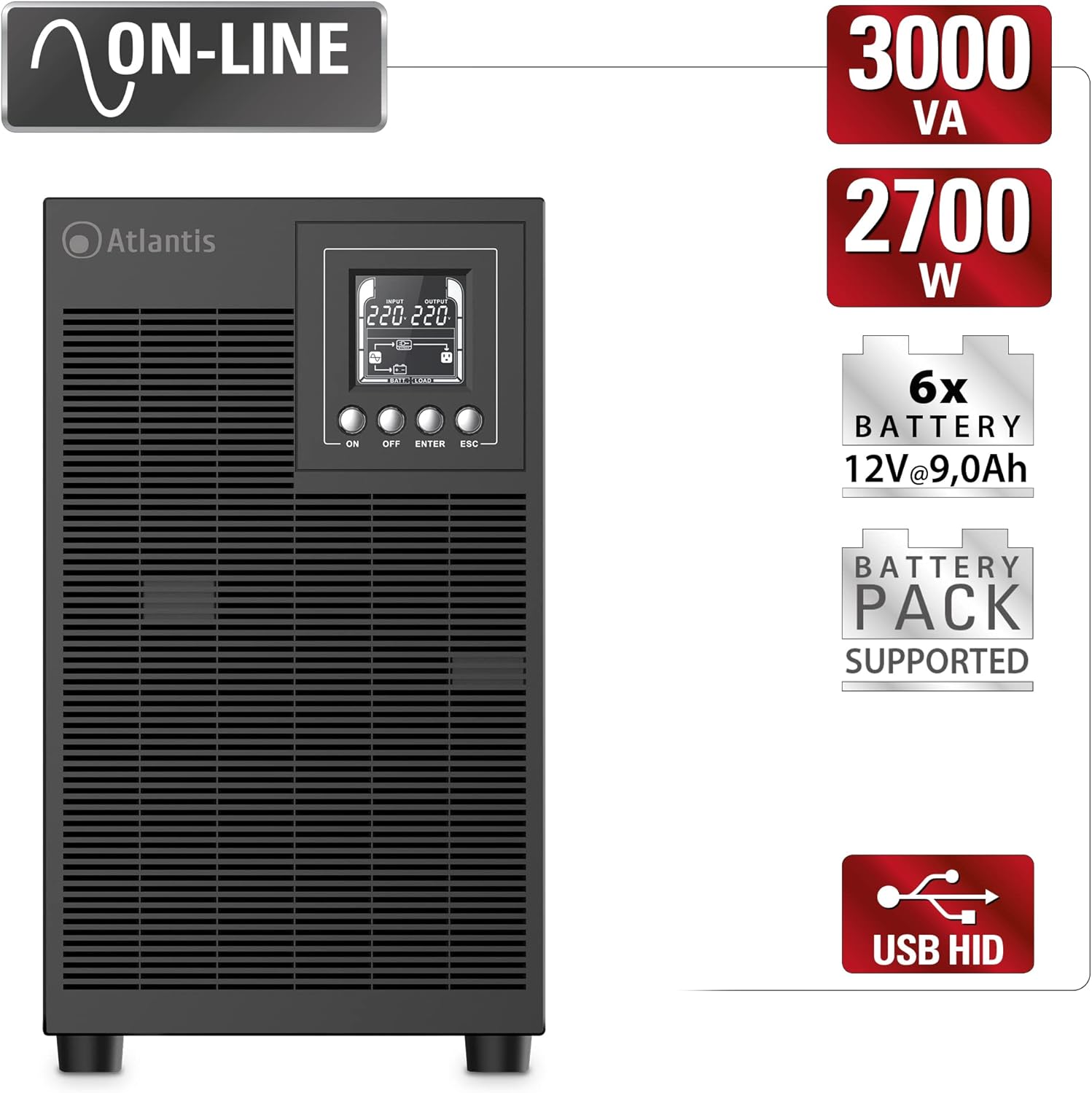 A03-OP3002P Pro Onduleur (UPS) Online Double Conversion et Pure sinusoïde avec Une Puissance de 3000VA 2700W, Tour d'affichage LCD, USB, RS-232 série, 4 Sorties IEC, Slot SNMP, 6x12V-9Ah
