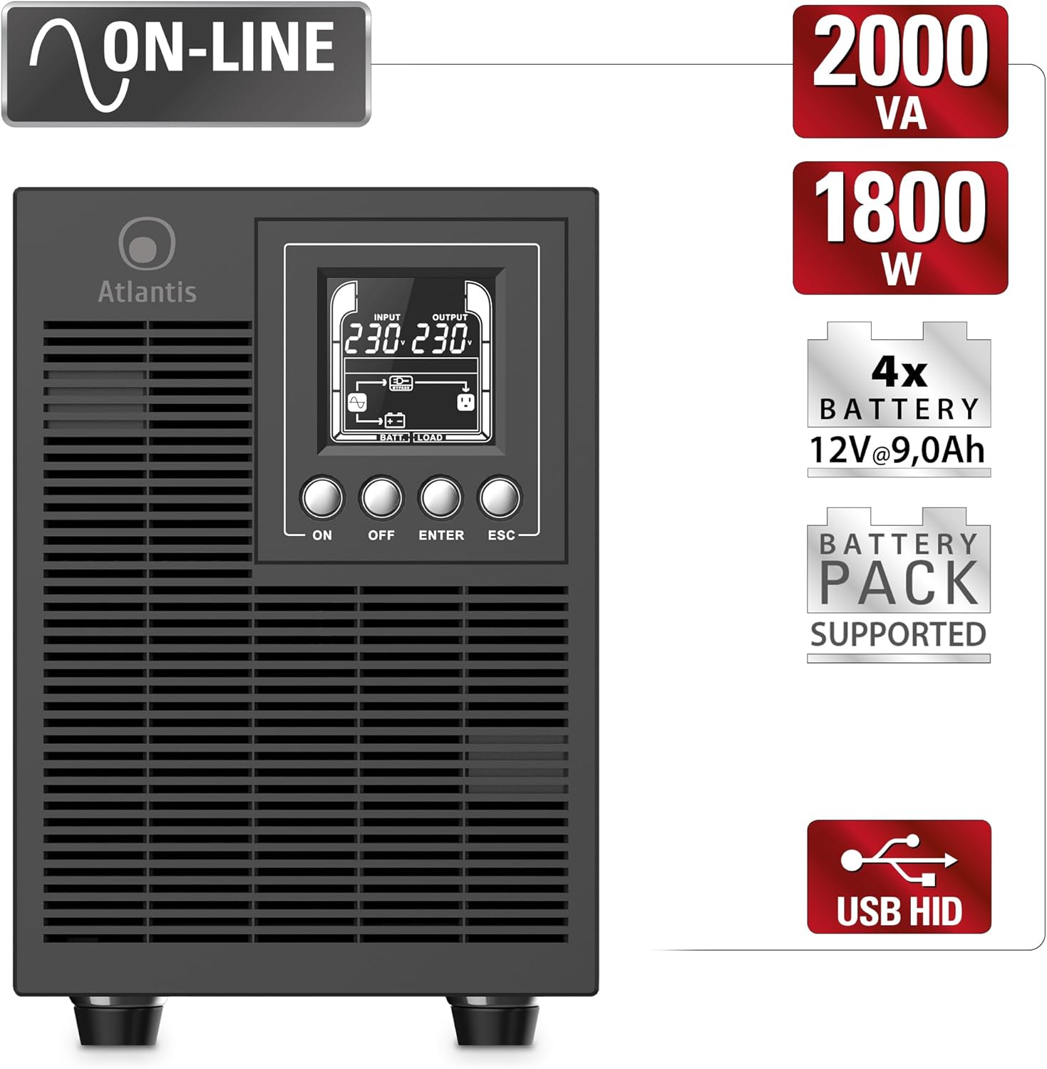 A03-OP2002P Pro Onduleur (UPS) Online Double Conversion et Pure sinusoïde avec Une Puissance de 2000VA 1800W, Tour, écran LCD, USB, RS-232 série, 4 Sorties IEC, Slot SNMP, 4x12V-9Ah